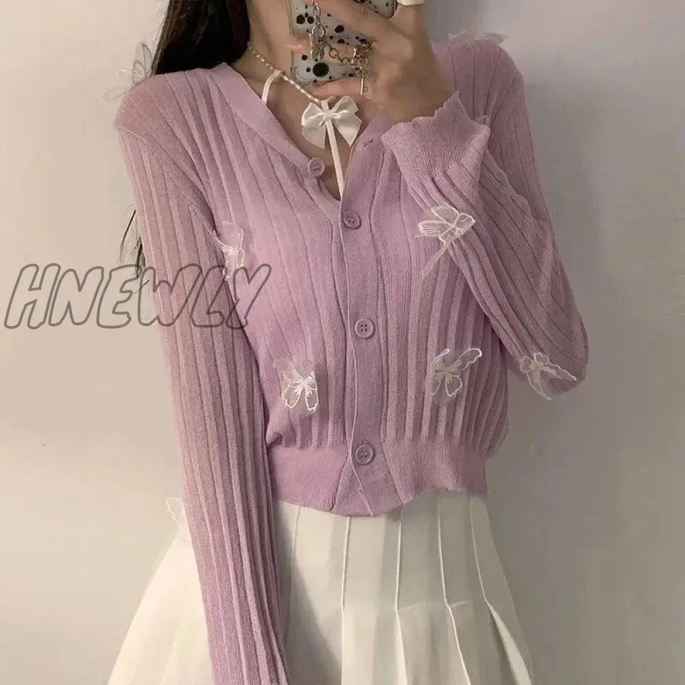 xsrrr Autumn Cute Butterfly Knitted Cardigan Women Korean Sexy V-Neck Short Sweater Jacket Summer Long-sleeved Sunscreen Crop Top