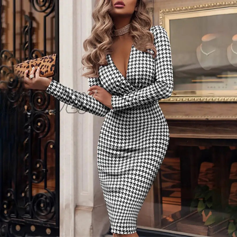 xsrrr Autumn Long Sleeve Bodycon Elegant Office Lady Dress Fashion Houndstooth Print Sexy V-neck Slim Pencil Dresses For Women Party Dress