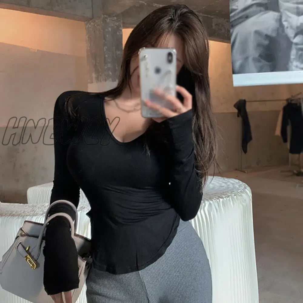 xsrrr Autumn Long Sleeve T shirt Autumn Skinny Sexy Solid Basic Crop Tops Ladies Irregular Skinny Bottom T-Shirt Pullover Streetwear