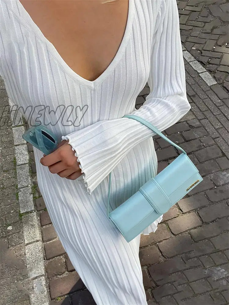 Hnewly Autumn New V-Neck Knit Maxi Dress Women Ribbed Elegant Long Sleeve Streetwear High Waist Pleated Dresses Ladies Knitwear