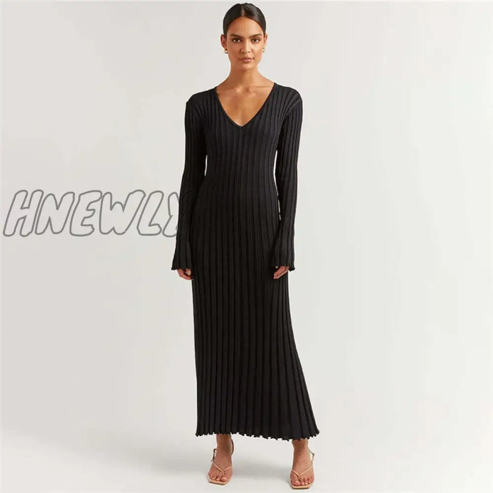 Hnewly Autumn New V-Neck Knit Maxi Dress Women Ribbed Elegant Long Sleeve Streetwear High Waist Pleated Dresses Ladies Knitwear