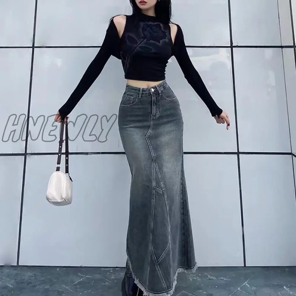 xsrrr Autumn Retro Classic All-Match Skirt Women Casual Commuter Outing Tight Sexy Irregular Long Denim Vitality Skirt Girl Cool