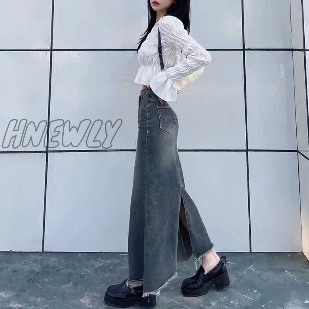 xsrrr Autumn Retro Classic All-Match Skirt Women Casual Commuter Outing Tight Sexy Irregular Long Denim Vitality Skirt Girl Cool