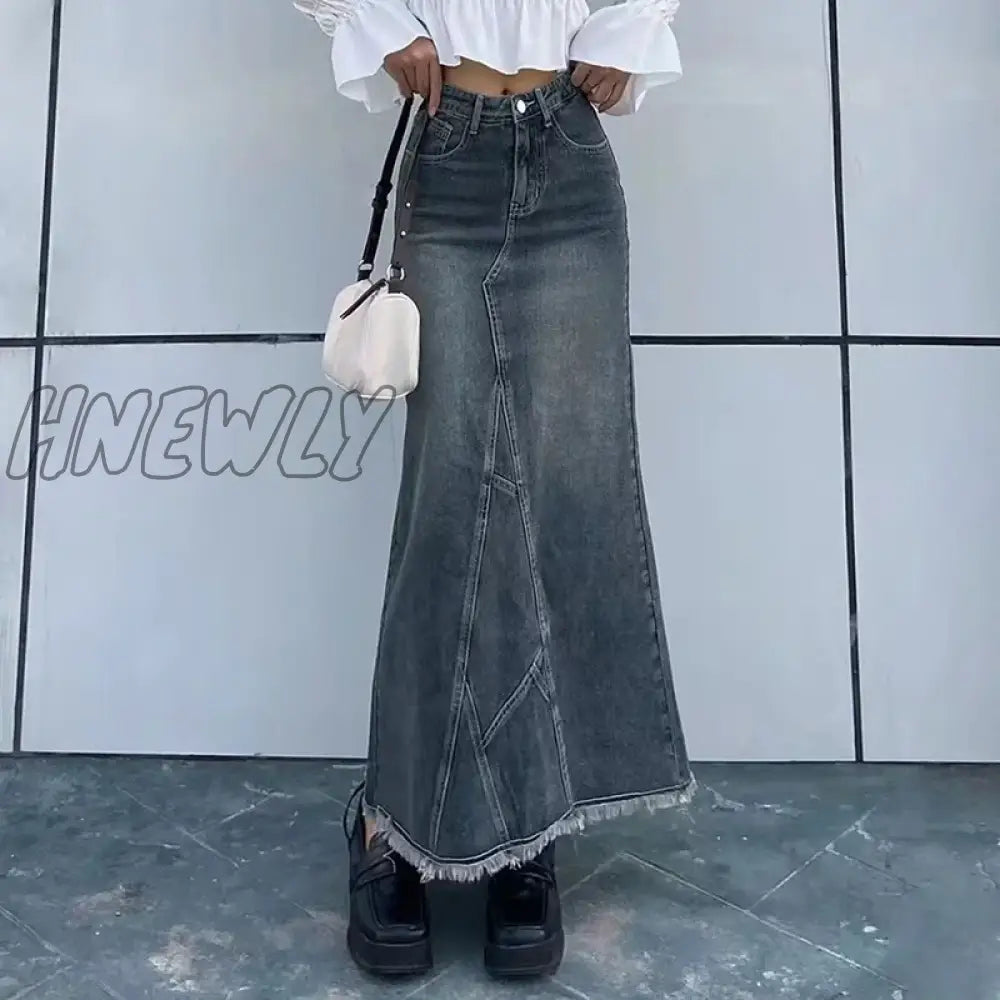 xsrrr Autumn Retro Classic All-Match Skirt Women Casual Commuter Outing Tight Sexy Irregular Long Denim Vitality Skirt Girl Cool