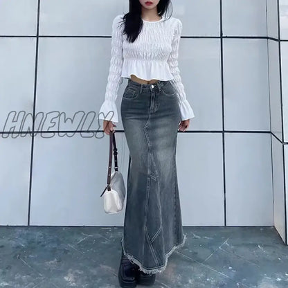 xsrrr Autumn Retro Classic All-Match Skirt Women Casual Commuter Outing Tight Sexy Irregular Long Denim Vitality Skirt Girl Cool