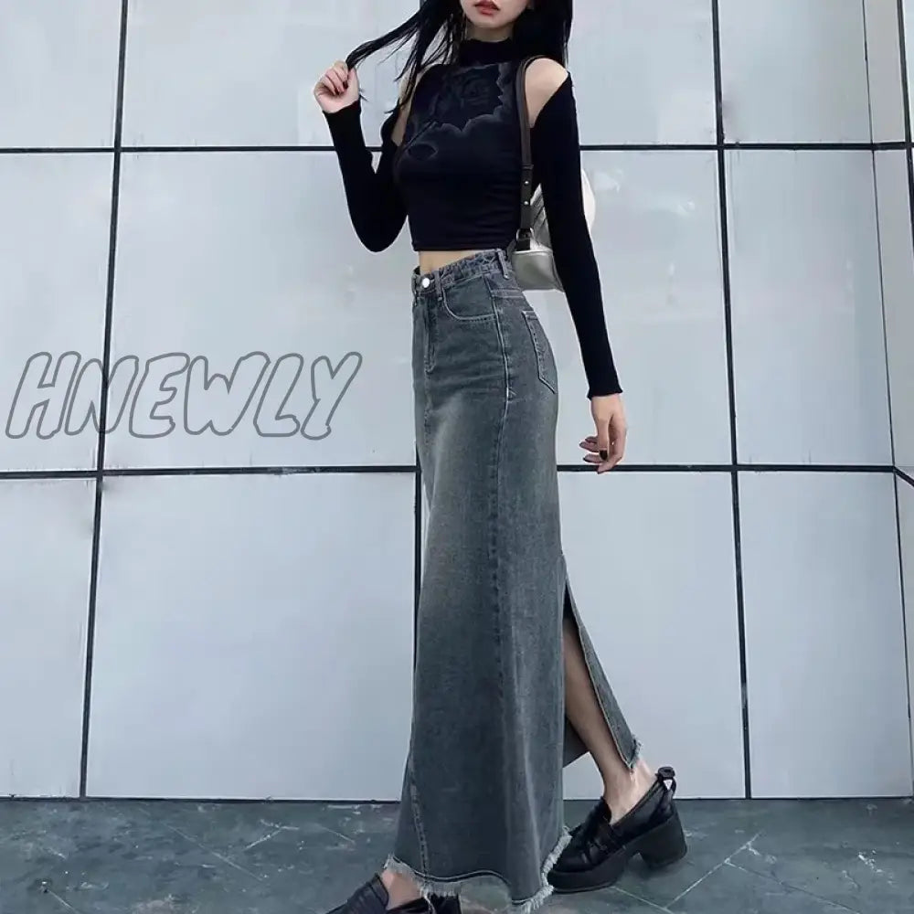 xsrrr Autumn Retro Classic All-Match Skirt Women Casual Commuter Outing Tight Sexy Irregular Long Denim Vitality Skirt Girl Cool