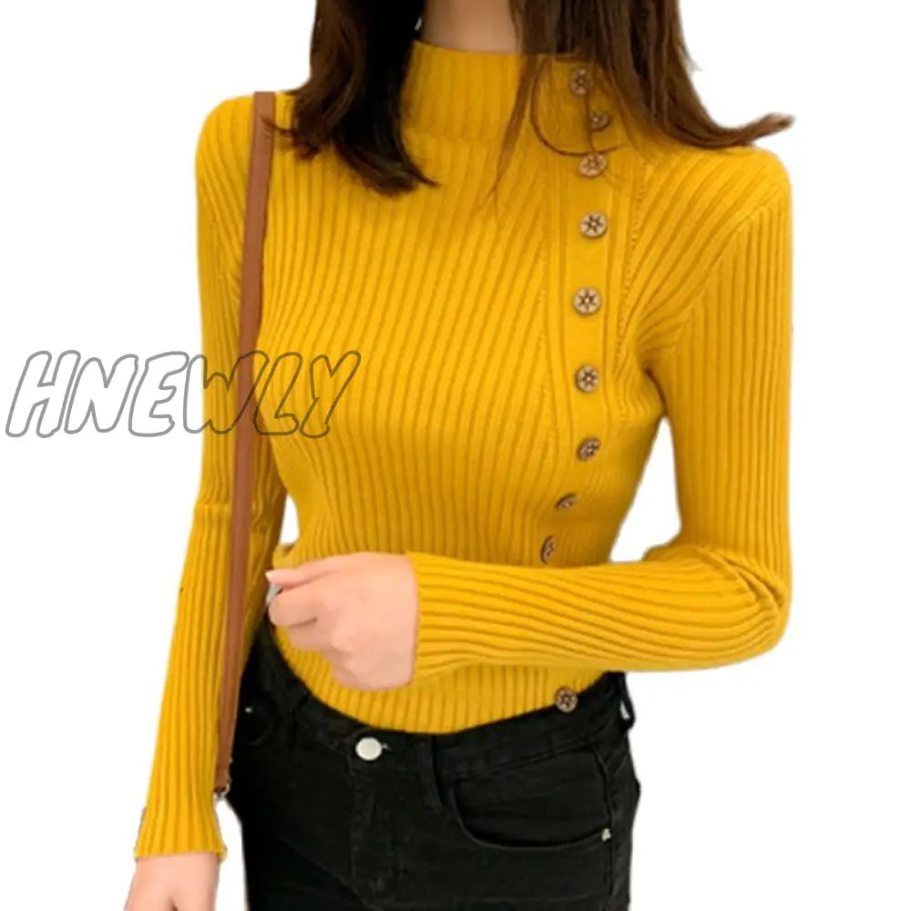 Hnewly Autumn Ribbed Button Women Sweater Pullovers Cotton Long Sleeve Turtleneck Pullovers Jumpers Spring Soft Comfortable Basic Tops