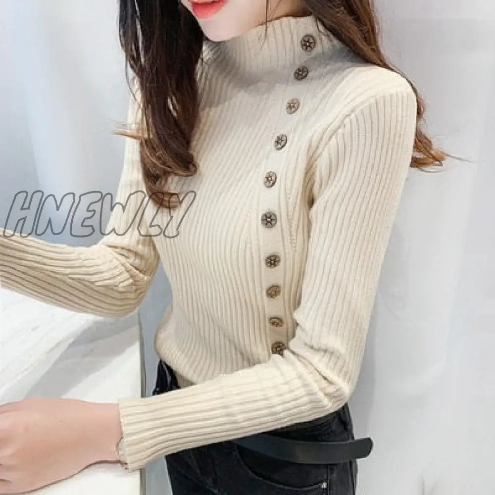 Hnewly Autumn Ribbed Button Women Sweater Pullovers Cotton Long Sleeve Turtleneck Pullovers Jumpers Spring Soft Comfortable Basic Tops