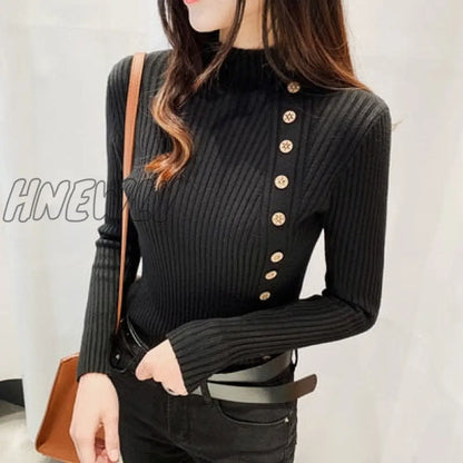 Hnewly Autumn Ribbed Button Women Sweater Pullovers Cotton Long Sleeve Turtleneck Pullovers Jumpers Spring Soft Comfortable Basic Tops