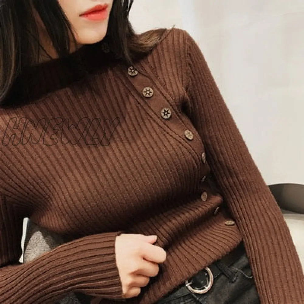 Hnewly Autumn Ribbed Button Women Sweater Pullovers Cotton Long Sleeve Turtleneck Pullovers Jumpers Spring Soft Comfortable Basic Tops