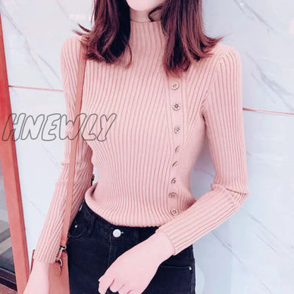 Hnewly Autumn Ribbed Button Women Sweater Pullovers Cotton Long Sleeve Turtleneck Pullovers Jumpers Spring Soft Comfortable Basic Tops