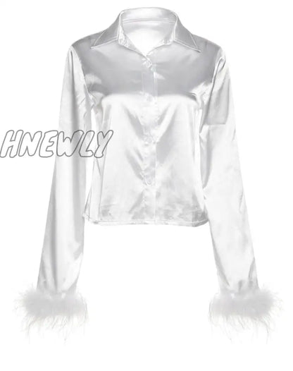 xsrrr Autumn Silky Elegant Women Shirt Sexy Slim Solid Concise Tops With Feathers High Street Softy Tees Lady  Wild Clothing