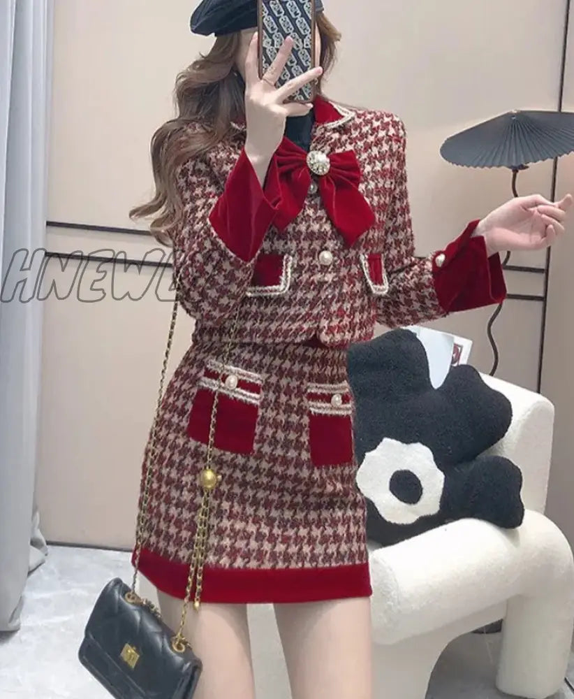 xsrrr Autumn Winter Elegant Tweed Plaid Skirt Sets Women Sweet Chic Pearl Bow Woolen Jackets Mini Skirts Suit Korean Female Outfits