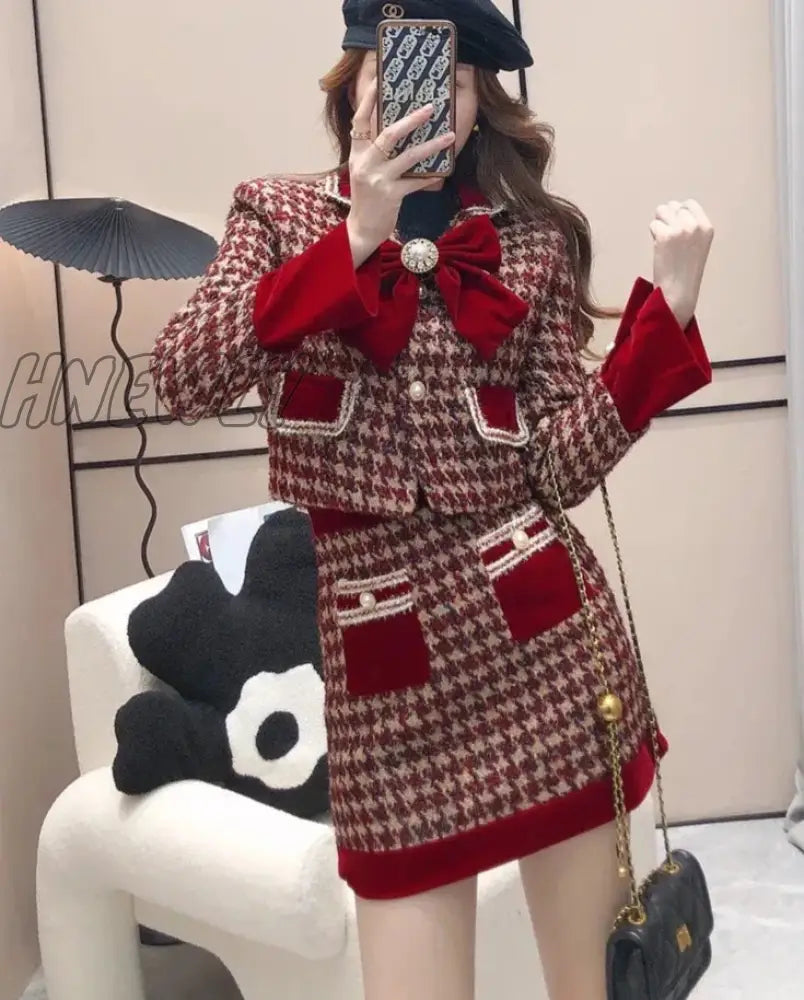 xsrrr Autumn Winter Elegant Tweed Plaid Skirt Sets Women Sweet Chic Pearl Bow Woolen Jackets Mini Skirts Suit Korean Female Outfits