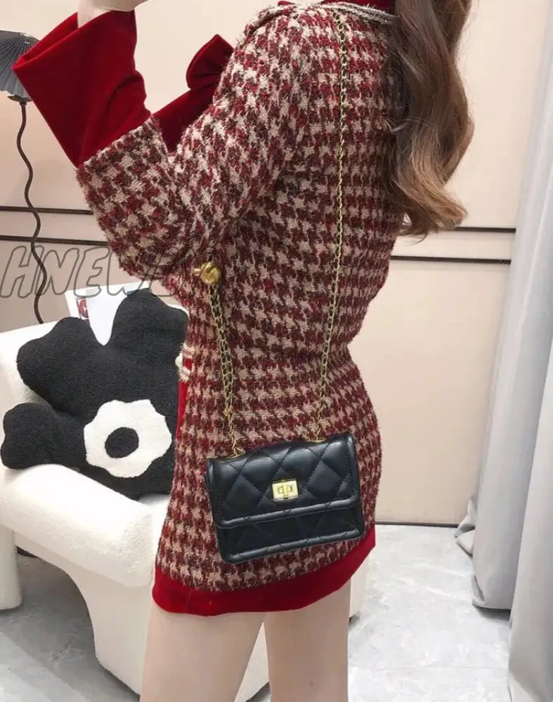 xsrrr Autumn Winter Elegant Tweed Plaid Skirt Sets Women Sweet Chic Pearl Bow Woolen Jackets Mini Skirts Suit Korean Female Outfits