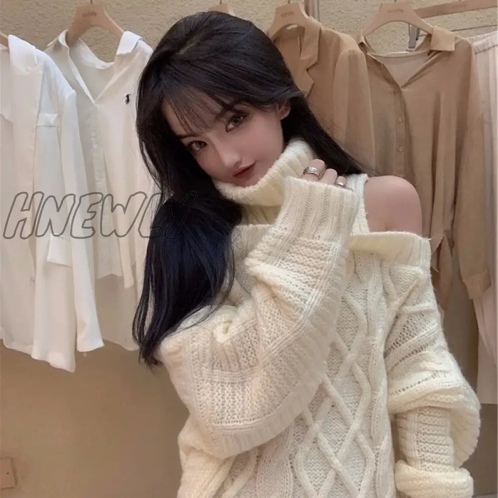 xsrrr Autumn Winter Korean Style Women Turtleneck Knitted Sweaters Fashion Wild Knitwear Outwear Female Sexy Off Shoulder Pullovers