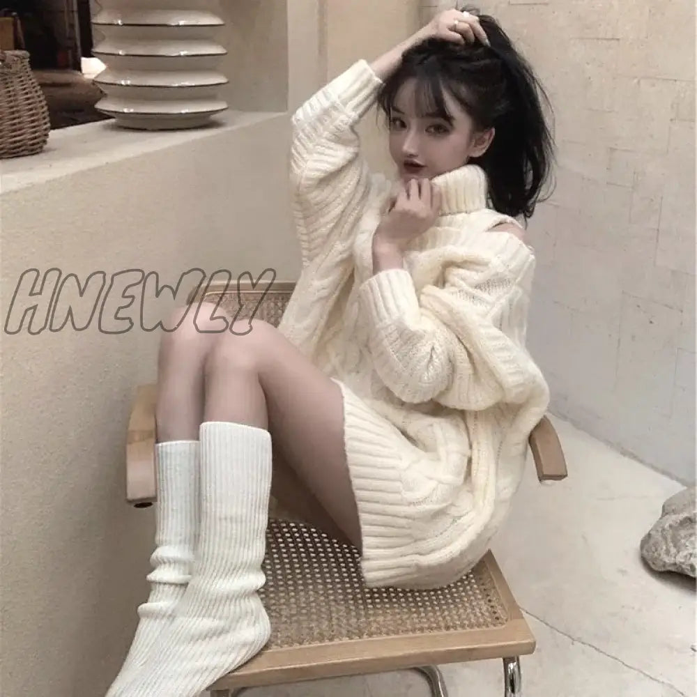 xsrrr Autumn Winter Korean Style Women Turtleneck Knitted Sweaters Fashion Wild Knitwear Outwear Female Sexy Off Shoulder Pullovers