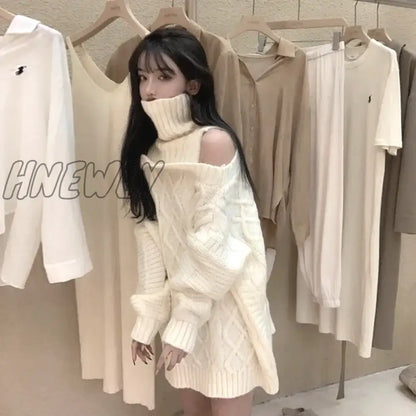 xsrrr Autumn Winter Korean Style Women Turtleneck Knitted Sweaters Fashion Wild Knitwear Outwear Female Sexy Off Shoulder Pullovers