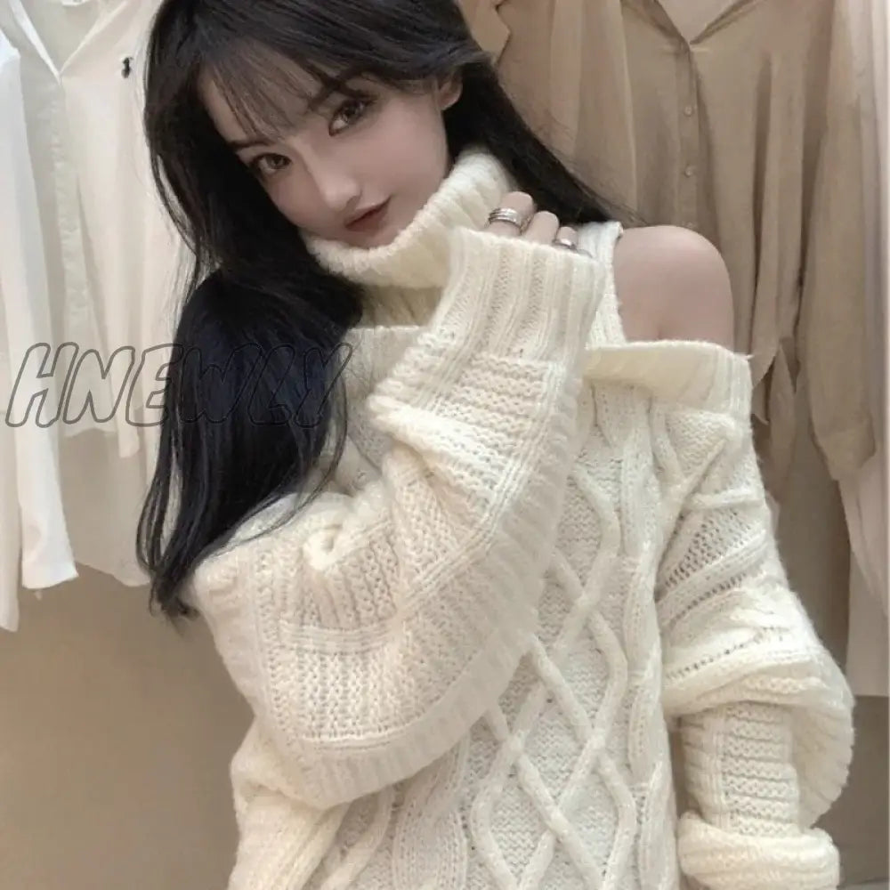 xsrrr Autumn Winter Korean Style Women Turtleneck Knitted Sweaters Fashion Wild Knitwear Outwear Female Sexy Off Shoulder Pullovers