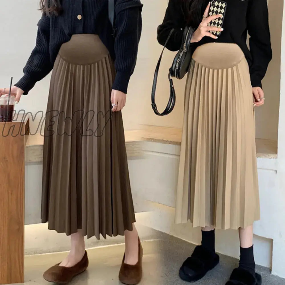 xsrrr Autumn Winter Pleated Thick Warm Maternity Skirts Elastic Waist Belly Casual Clothes for Pregnant Women Pregnancy vestidos