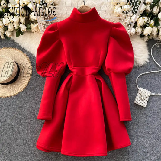 xsrrr Autumn Winter Puff Long Sleeve Dresses For Women Party Christmas Turtleneck Slim A-Line Elegant New Year Woman Red Dress