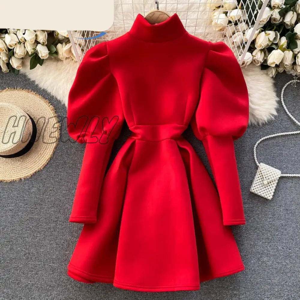 xsrrr Autumn Winter Puff Long Sleeve Dresses For Women Party Christmas Turtleneck Slim A-Line Elegant New Year Woman Red Dress