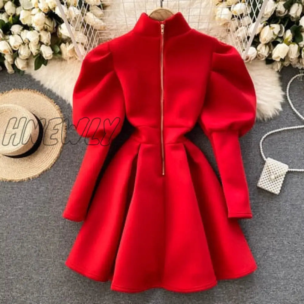 xsrrr Autumn Winter Puff Long Sleeve Dresses For Women Party Christmas Turtleneck Slim A-Line Elegant New Year Woman Red Dress