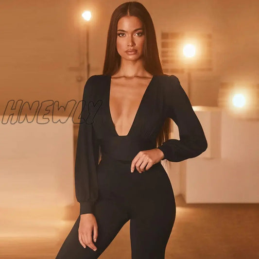 xsrrr Autumn Winter Rompers Women Jumpsuits Sexy Club V Neck High Waist Solid Bodycon Regular Long Sleeve Female Bodysuits Women