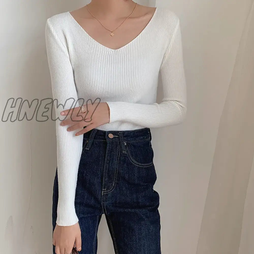 xsrrr Autumn Winter Screw Basic White Black Knitted T Shirt Women Long Sleeve Tops T-shirts V Neck Slim Casual Tee Shirts Femme