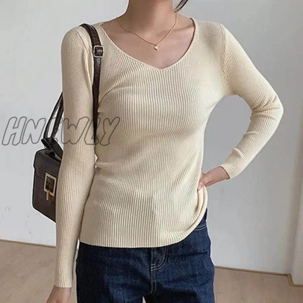 xsrrr Autumn Winter Screw Basic White Black Knitted T Shirt Women Long Sleeve Tops T-shirts V Neck Slim Casual Tee Shirts Femme