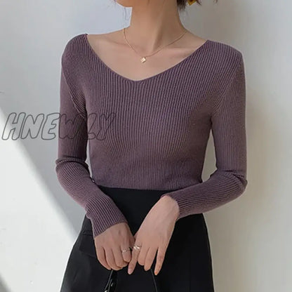 xsrrr Autumn Winter Screw Basic White Black Knitted T Shirt Women Long Sleeve Tops T-shirts V Neck Slim Casual Tee Shirts Femme