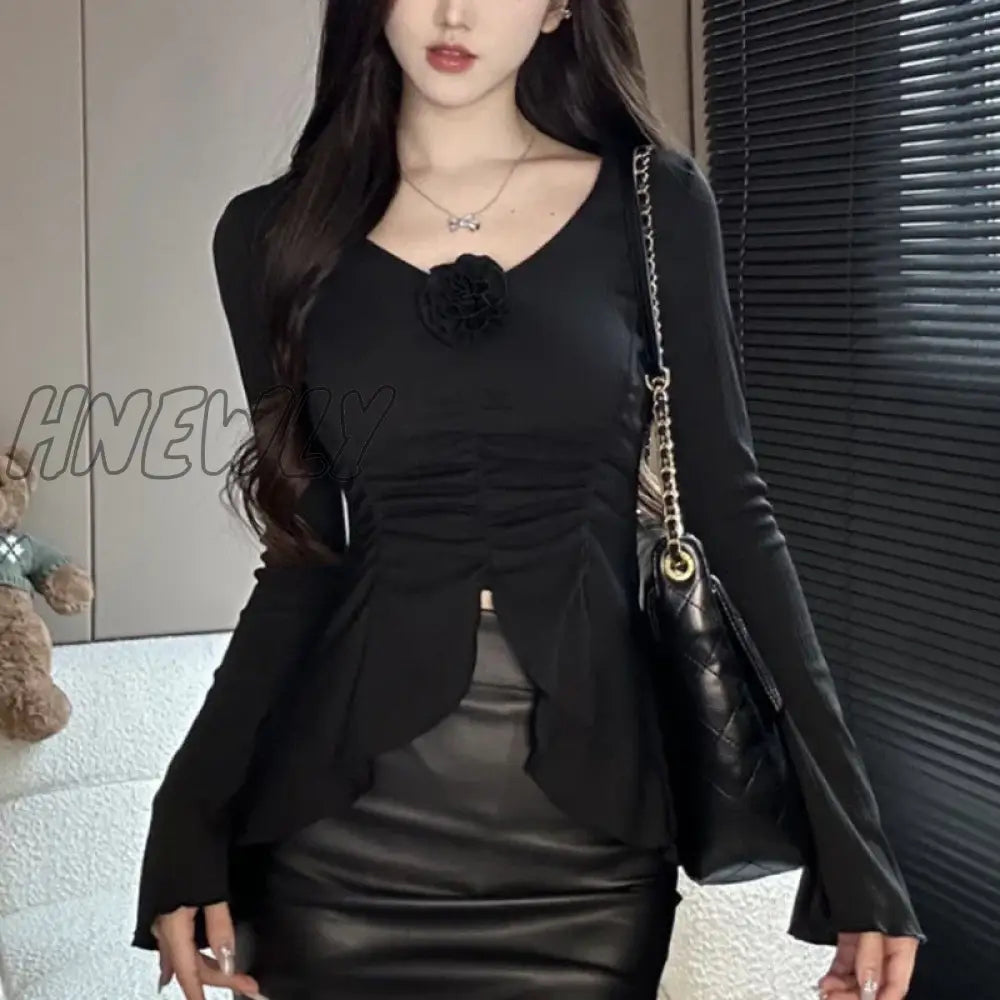 xsrrr Autumn Winter Sexy Fashion V-neck Irregular Folds T-shirt Ladies Flare Long Sleeve All-match Pullover Top Women Slit Casual Tees