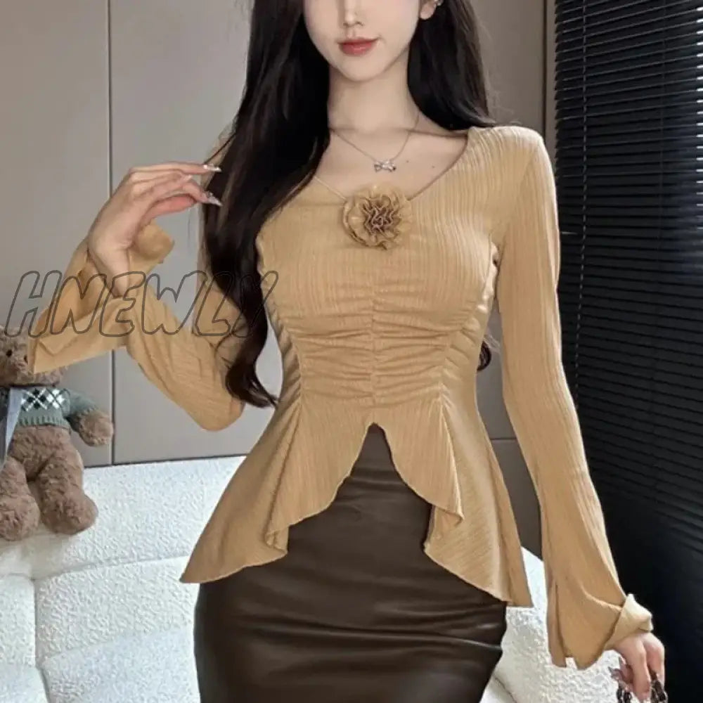 xsrrr Autumn Winter Sexy Fashion V-neck Irregular Folds T-shirt Ladies Flare Long Sleeve All-match Pullover Top Women Slit Casual Tees