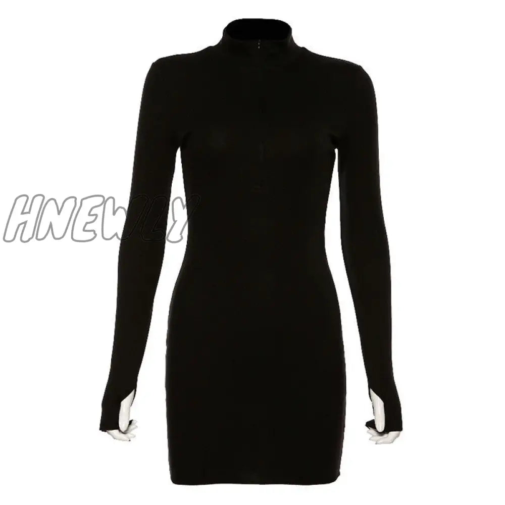 xsrrr Autumn Winter Stretch Slim Soft Ribbed Knitted Turtleneck Dress Woman Fashion Solid Black Casual Bodycon Zip Dress