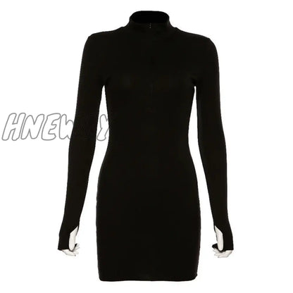 xsrrr Autumn Winter Stretch Slim Soft Ribbed Knitted Turtleneck Dress Woman Fashion Solid Black Casual Bodycon Zip Dress