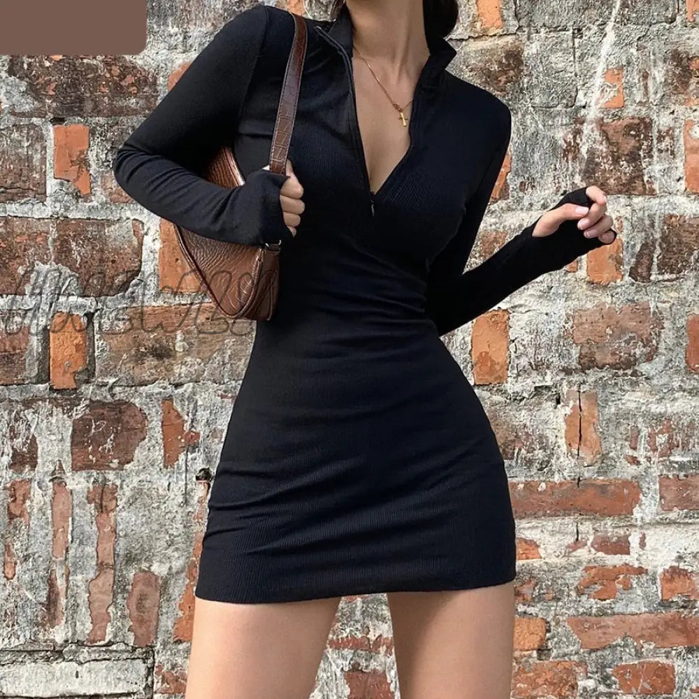 xsrrr Autumn Winter Stretch Slim Soft Ribbed Knitted Turtleneck Dress Woman Fashion Solid Black Casual Bodycon Zip Dress