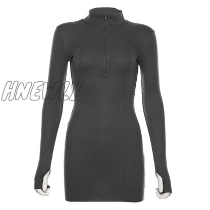 xsrrr Autumn Winter Stretch Slim Soft Ribbed Knitted Turtleneck Dress Woman Fashion Solid Black Casual Bodycon Zip Dress