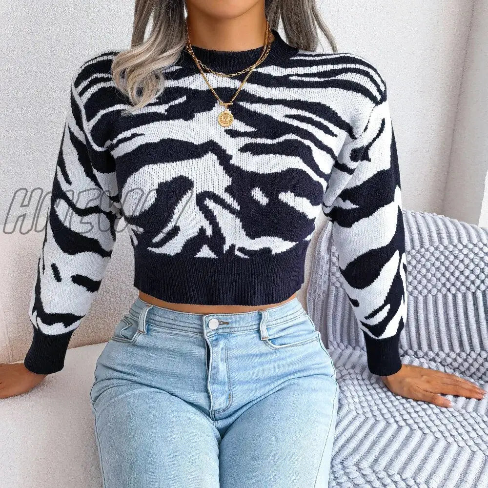 xsrrr Autumn Winter Striped Print Loose Knitted Cropped Sweaters Casual O-Neck Long Sleeve Loose Knitwear Pullover Tops