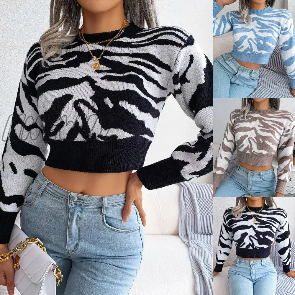 xsrrr Autumn Winter Striped Print Loose Knitted Cropped Sweaters Casual O-Neck Long Sleeve Loose Knitwear Pullover Tops