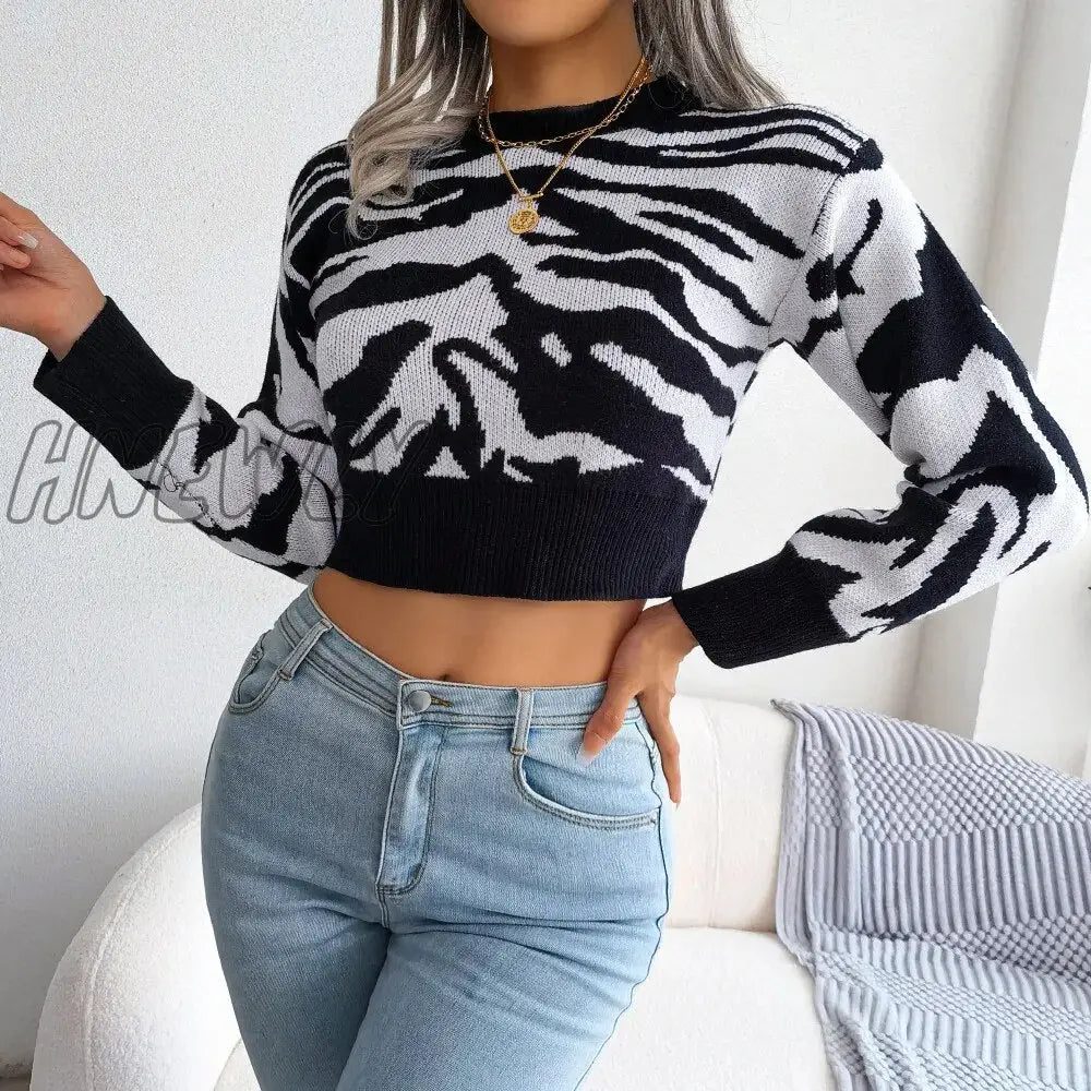 xsrrr Autumn Winter Striped Print Loose Knitted Cropped Sweaters Casual O-Neck Long Sleeve Loose Knitwear Pullover Tops