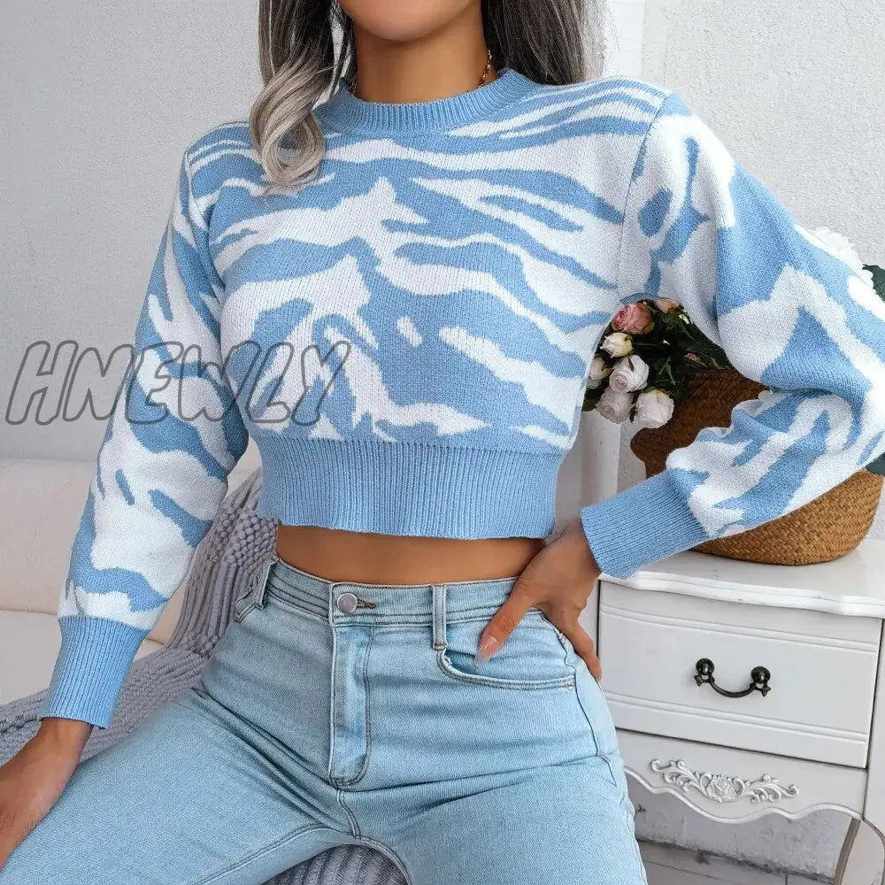 xsrrr Autumn Winter Striped Print Loose Knitted Cropped Sweaters Casual O-Neck Long Sleeve Loose Knitwear Pullover Tops