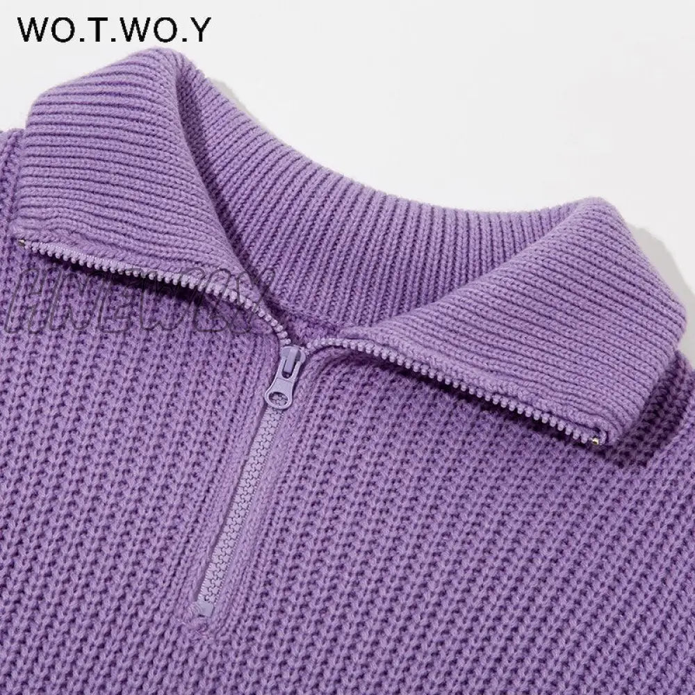 xsrrr Autumn Winter Thickening Knitted Sweater Women Casual Zipper Polo Collar Loose Knitted Pullovers Female White Jumper