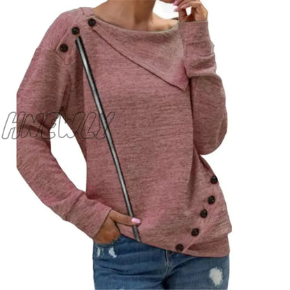 xsrrr Autumn Winter Women Fashion Zipper Button Clothing Lady Round Neck Solid Color Long Sleeve Blouse Popularity Loose Casual Top Cute Comfy Fits