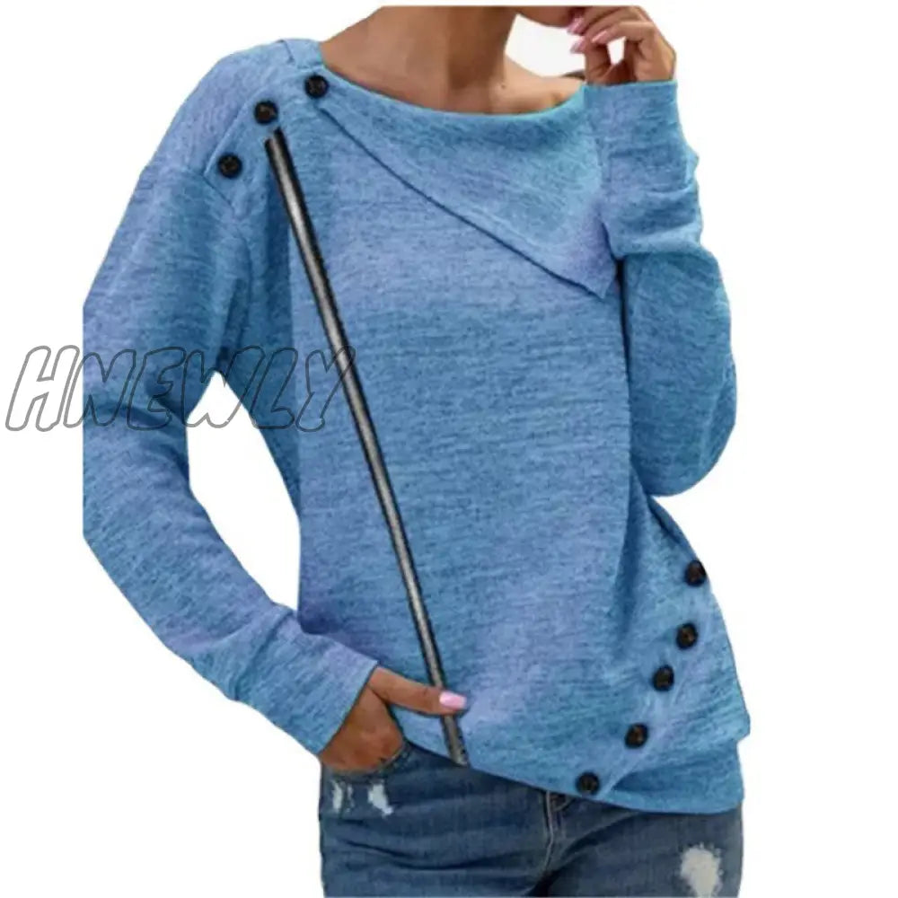 xsrrr Autumn Winter Women Fashion Zipper Button Clothing Lady Round Neck Solid Color Long Sleeve Blouse Popularity Loose Casual Top Cute Comfy Fits