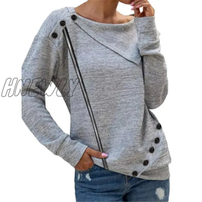 xsrrr Autumn Winter Women Fashion Zipper Button Clothing Lady Round Neck Solid Color Long Sleeve Blouse Popularity Loose Casual Top Cute Comfy Fits