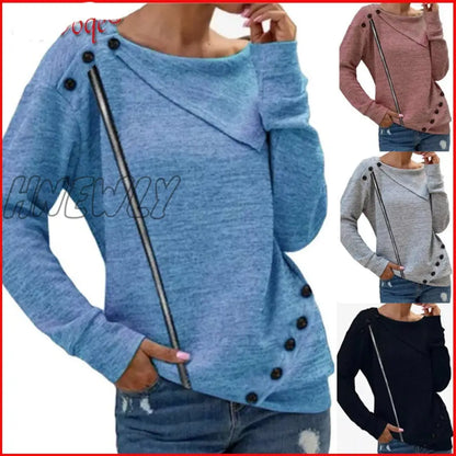 xsrrr Autumn Winter Women Fashion Zipper Button Clothing Lady Round Neck Solid Color Long Sleeve Blouse Popularity Loose Casual Top Cute Comfy Fits