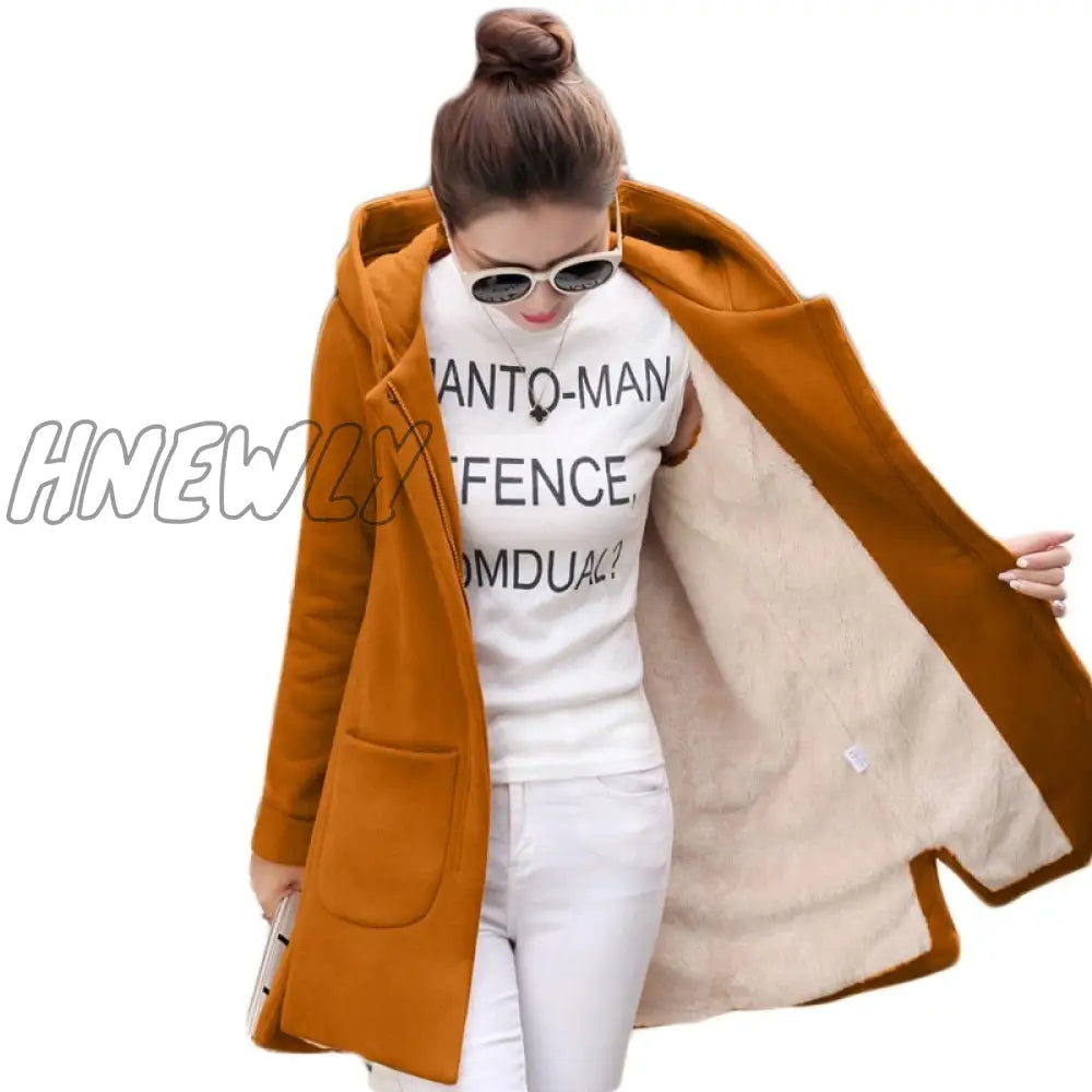 Hnewly Autumn Winter Women's Fleece Jacket Coats Female Long Hooded Coats Outerwear Warm Thick Female Red Slim Fit Hoodies Jackets