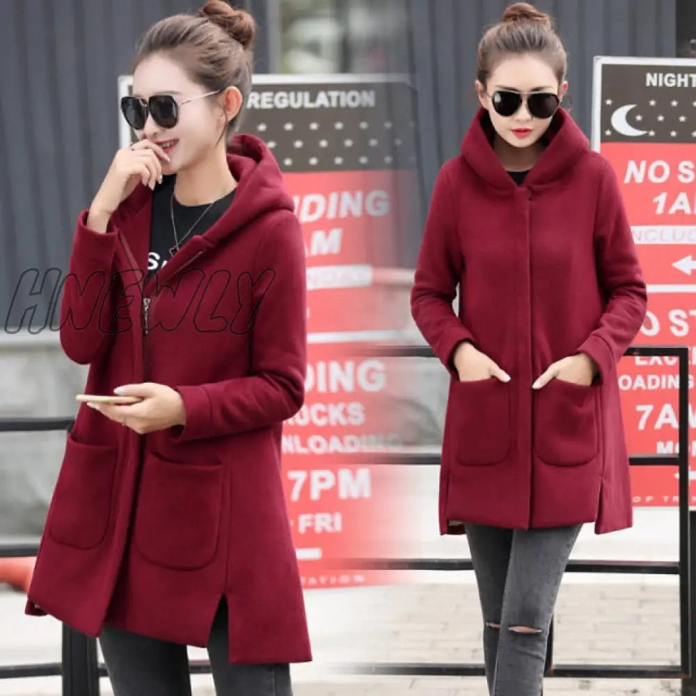 Hnewly Autumn Winter Women's Fleece Jacket Coats Female Long Hooded Coats Outerwear Warm Thick Female Red Slim Fit Hoodies Jackets