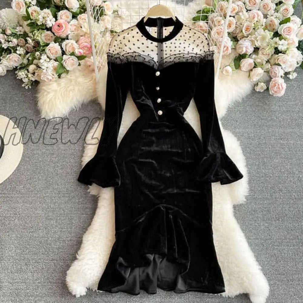 xsrrr Autumn Women Black Mesh Patchwork Velvet Party Dress Elegant Stand Collar Flare Long Sleeve Ruffle Mermaid Robe Female Plus Size Valentines Day Prom Dress