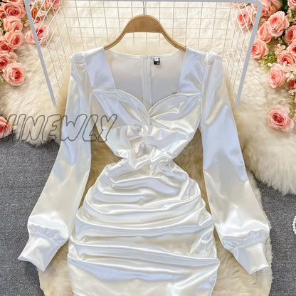 xsrrr Autumn Women Black/White Draped Satin Dress Sexy Square Collar Long Sleeve High Waist Party Robe Female Elegant Bodycon Vestidos Valentines Day Prom Dress